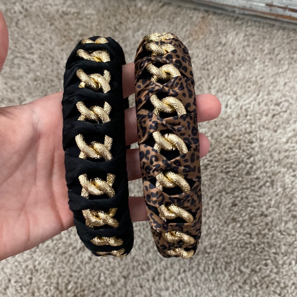 Set of chiche head bands - black and cheetah print with gr chain detail